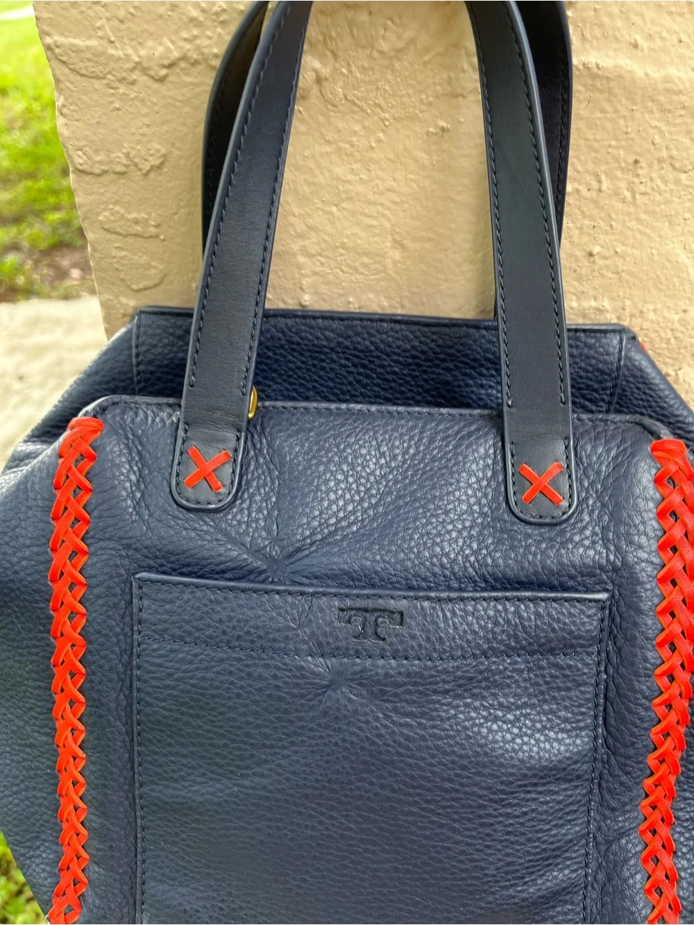 Tory Burch Navy Blue Leather Tote with Red Accent Stitching